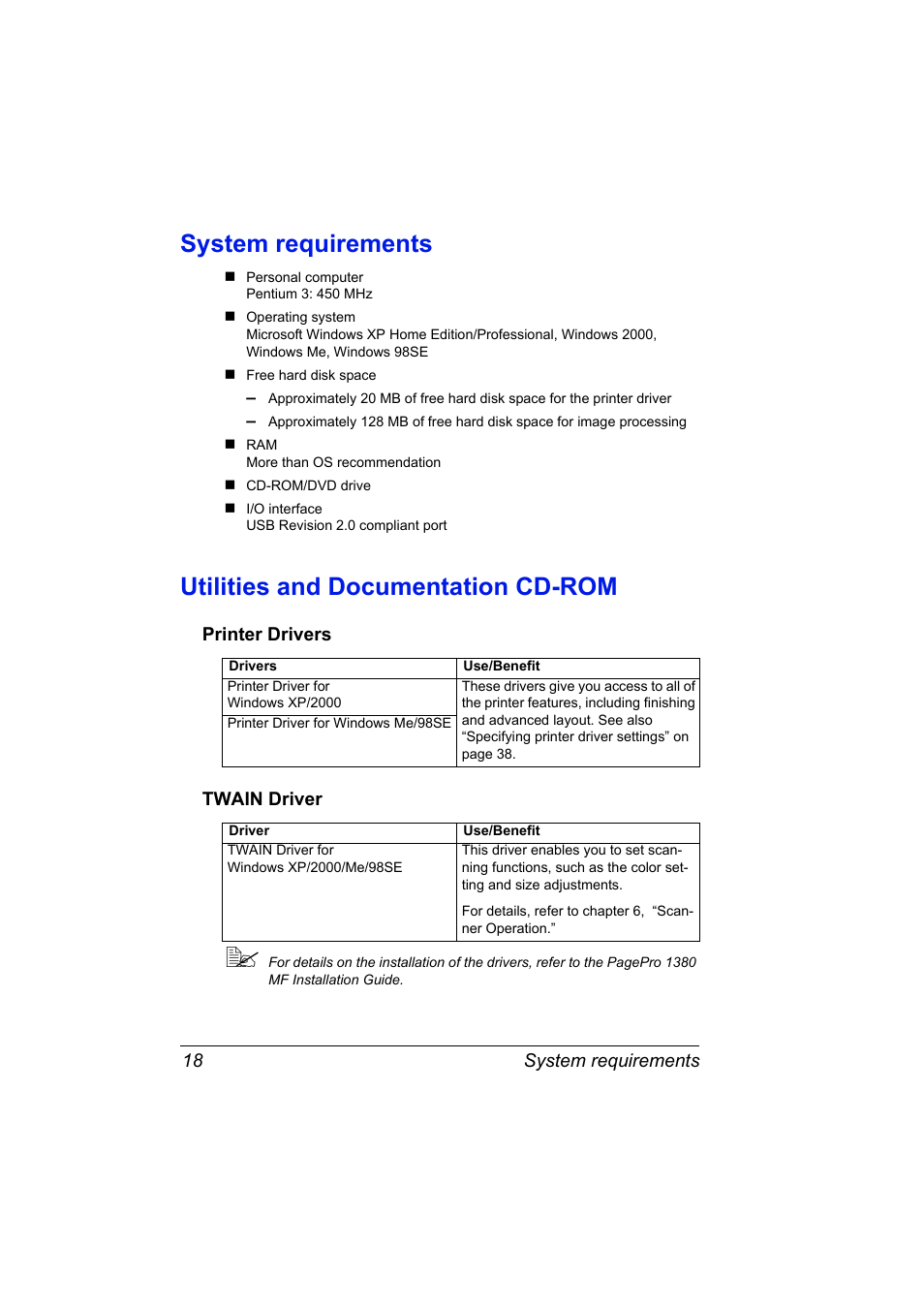 System requirements, Utilities and documentation cd-rom, Printer drivers | Twain driver, Printer drivers 18 twain driver 18 | Konica Minolta PagePro 1380 MF User Manual | Page 16 / 104