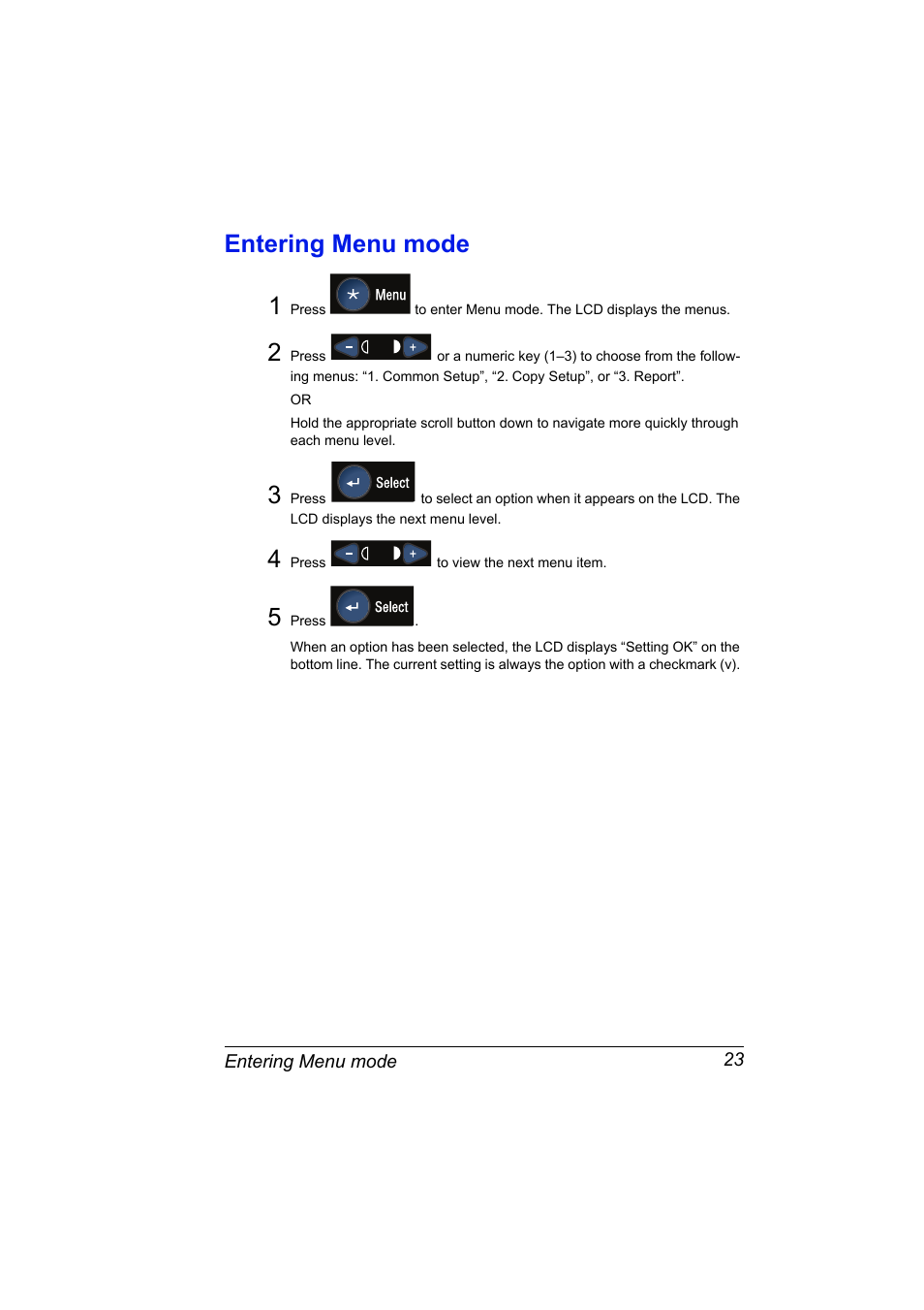 Entering menu mode, Entering menu mode 23, Entering menu mode 1 | Konica Minolta PagePro 1380 MF User Manual | Page 21 / 104