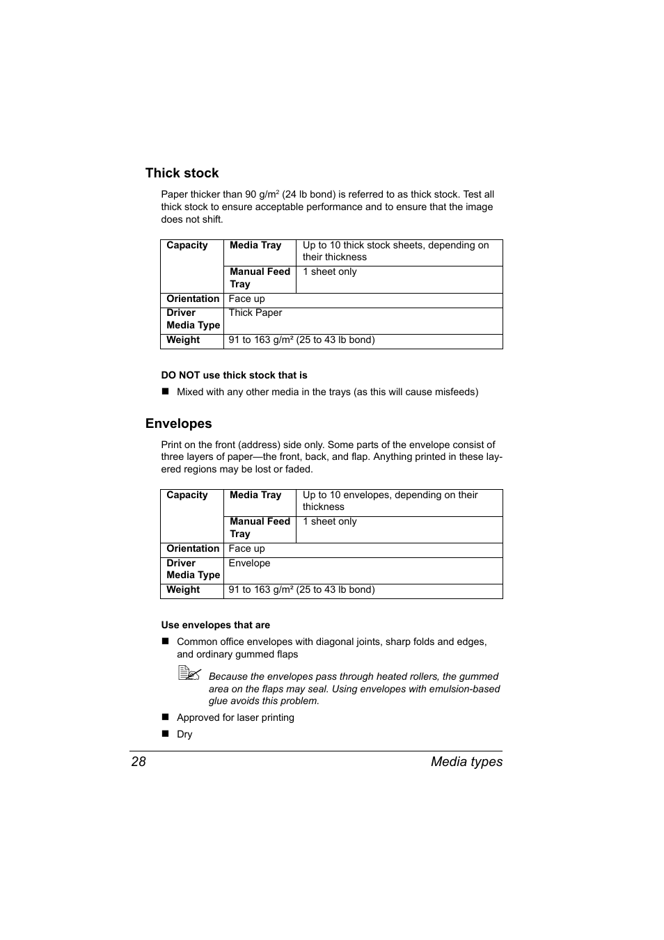 Thick stock, Envelopes, Thick stock 28 envelopes 28 | Media types 28 thick stock | Konica Minolta PagePro 1380 MF User Manual | Page 26 / 104