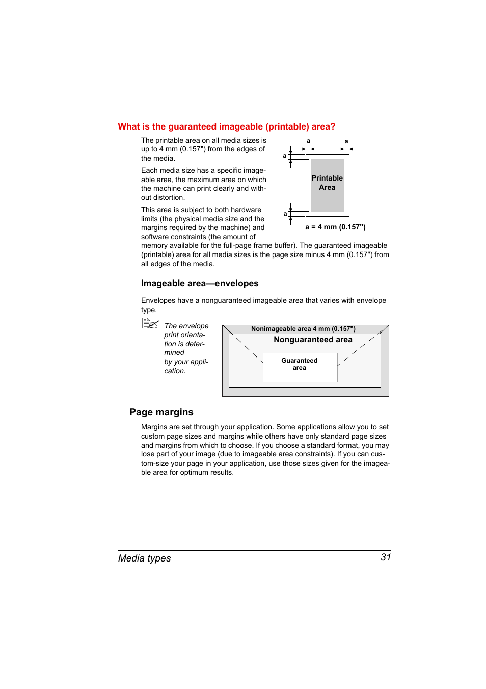 Imageable area-envelopes, Imageable area—envelopes 31, Media types 31 | Page margins | Konica Minolta PagePro 1380 MF User Manual | Page 29 / 104