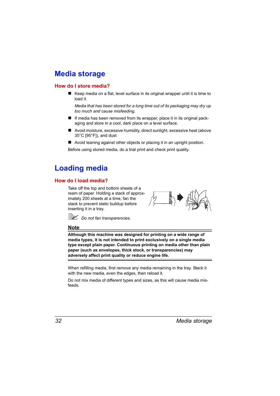 Media storage, Loading media, Media storage 32 loading media 32 | Konica Minolta PagePro 1380 MF User Manual | Page 30 / 104