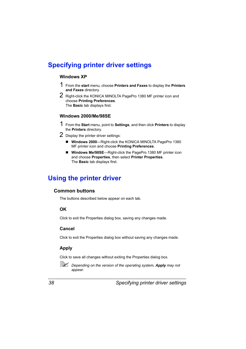 Specifying printer driver settings, Windows xp, Windows 2000/me/98se | Using the printer driver, Common buttons, Cancel, Apply, Specifying printer driver settings 38, Windows xp 38 windows 2000/me/98se 38, Using the printer driver 38 | Konica Minolta PagePro 1380 MF User Manual | Page 36 / 104