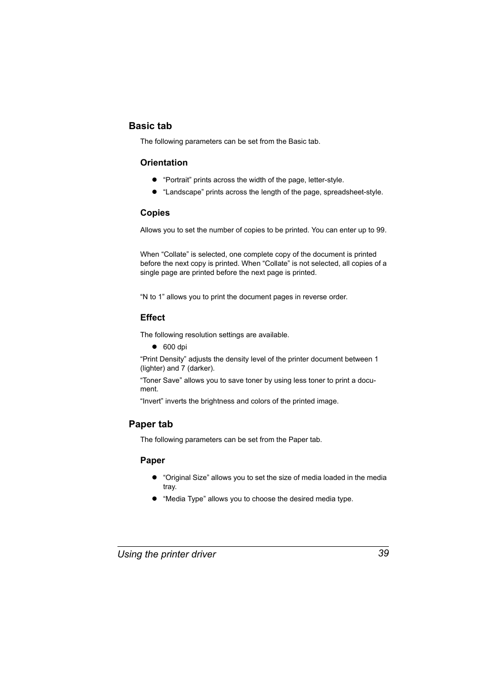 Basic tab, Orientation, Copies | Effect, Paper tab, Paper, Basic tab 39, Orientation 39 copies 39 effect 39, Paper tab 39, Paper 39 | Konica Minolta PagePro 1380 MF User Manual | Page 37 / 104