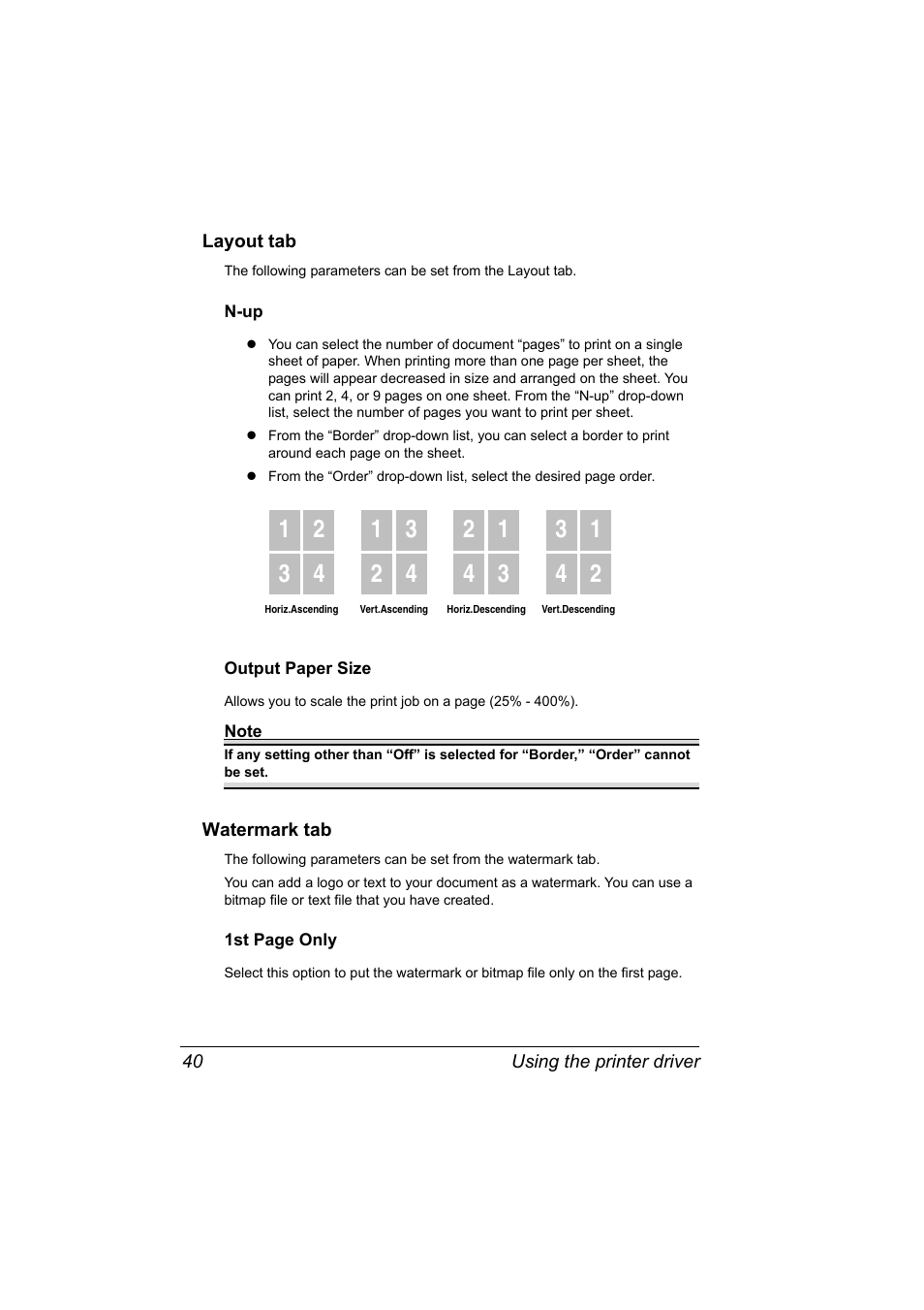 Layout tab, N-up, Output paper size | Watermark tab, Layout tab 40, N-up 40 output paper size 40, Watermark tab 40 | Konica Minolta PagePro 1380 MF User Manual | Page 38 / 104