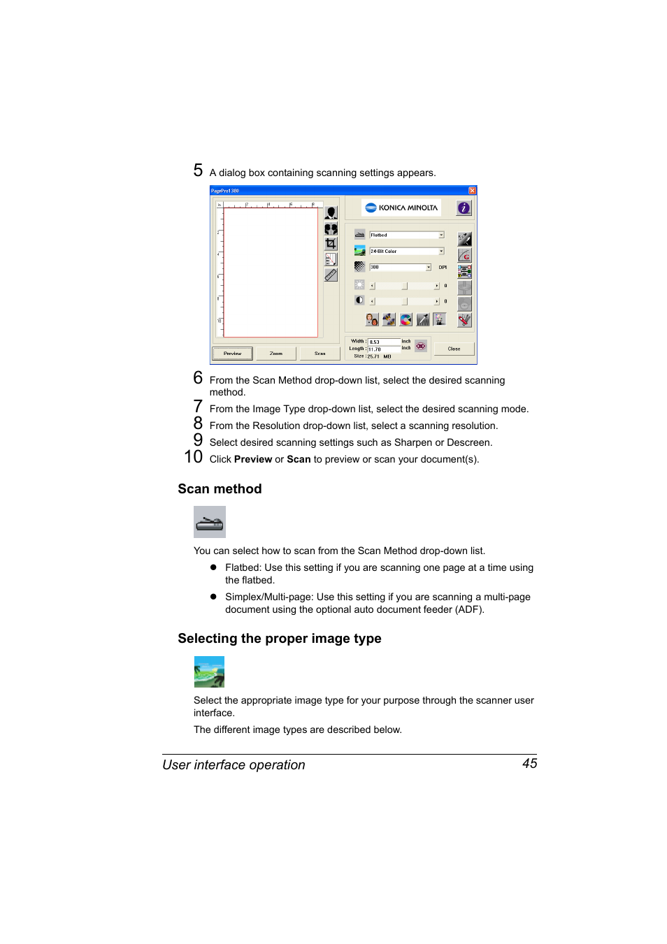 Scan method, Selecting the proper image type, Scan method 45 selecting the proper image type | Konica Minolta PagePro 1380 MF User Manual | Page 43 / 104