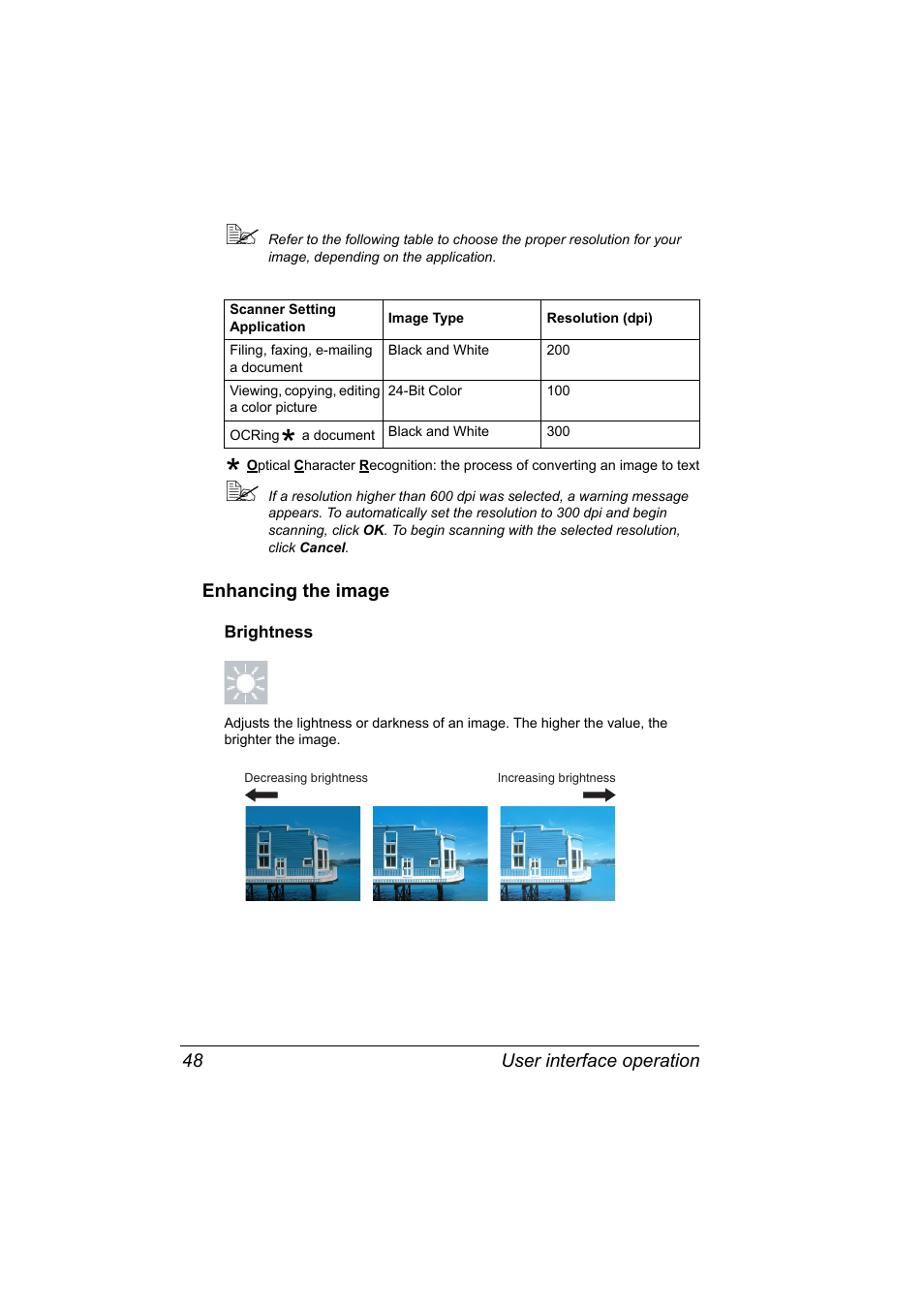 Enhancing the image, Brightness, Enhancing the image 48 | Brightness 48 | Konica Minolta PagePro 1380 MF User Manual | Page 46 / 104