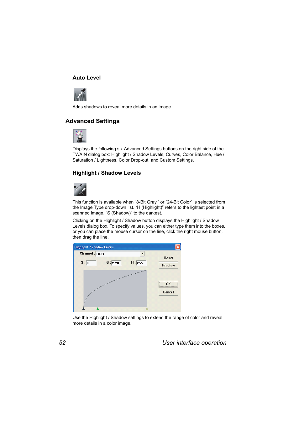 Auto level, Advanced settings, Highlight / shadow levels | Auto level 52, Advanced settings 52, Highlight / shadow levels 52 | Konica Minolta PagePro 1380 MF User Manual | Page 50 / 104