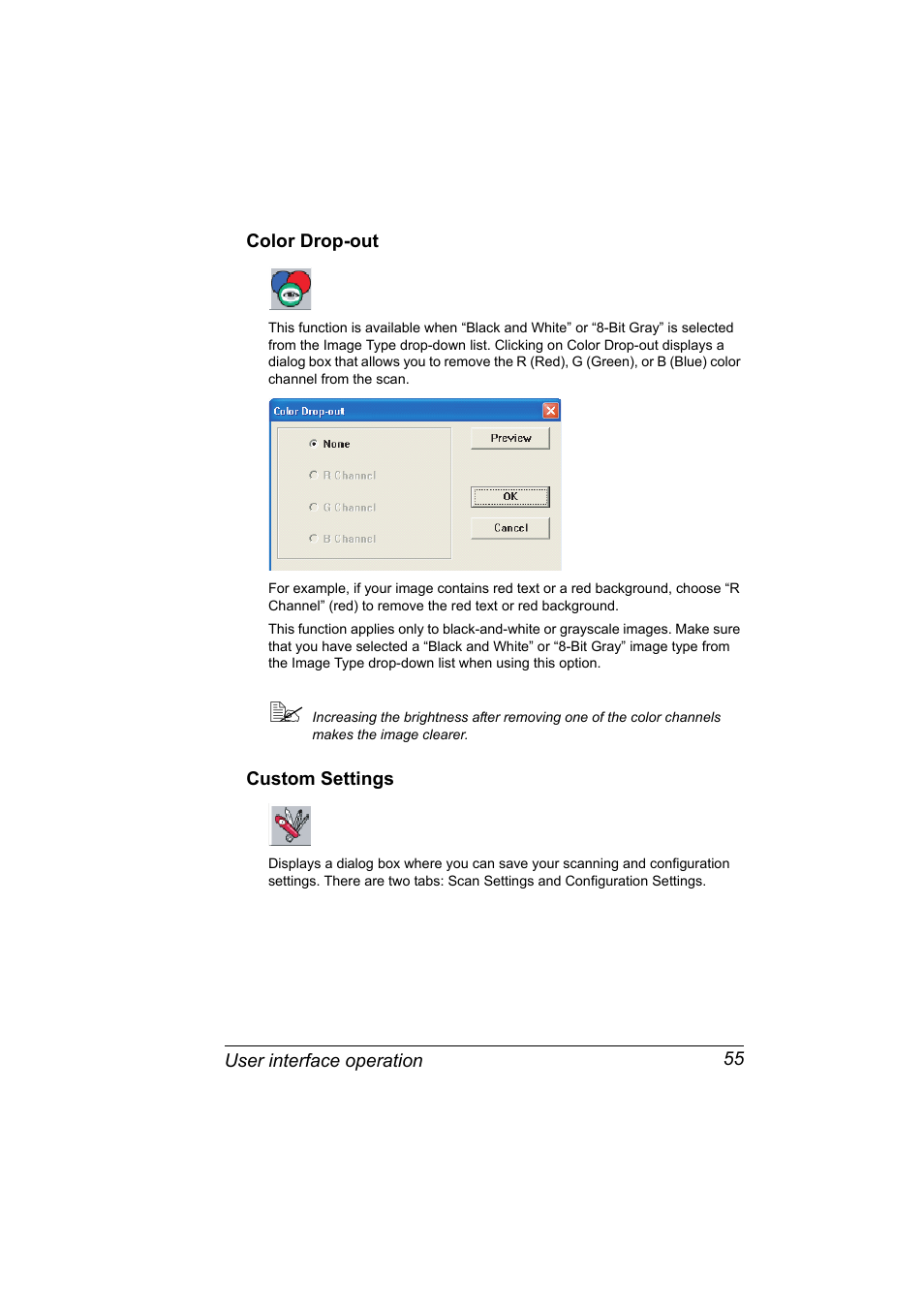 Color drop-out, Custom settings, Color drop-out 55 custom settings 55 | Konica Minolta PagePro 1380 MF User Manual | Page 53 / 104
