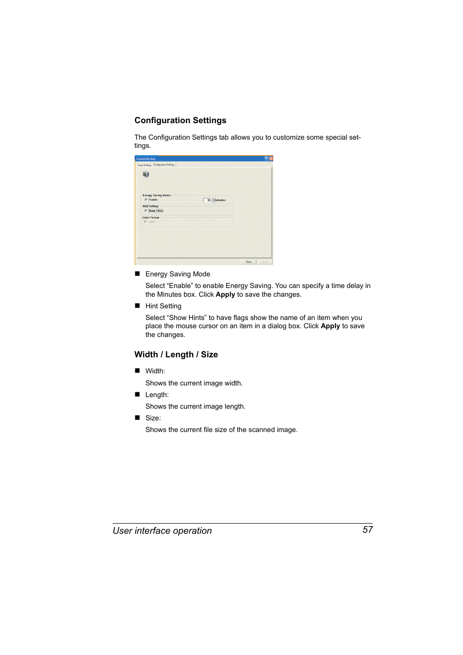 Configuration settings, Width / length / size, Configuration settings 57 width / length / size 57 | User interface operation 57 | Konica Minolta PagePro 1380 MF User Manual | Page 55 / 104