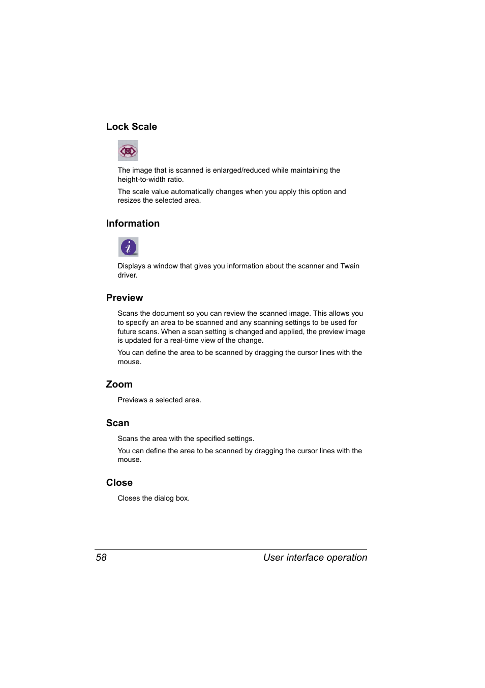 Lock scale, Information, Preview | Zoom, Scan, Close | Konica Minolta PagePro 1380 MF User Manual | Page 56 / 104
