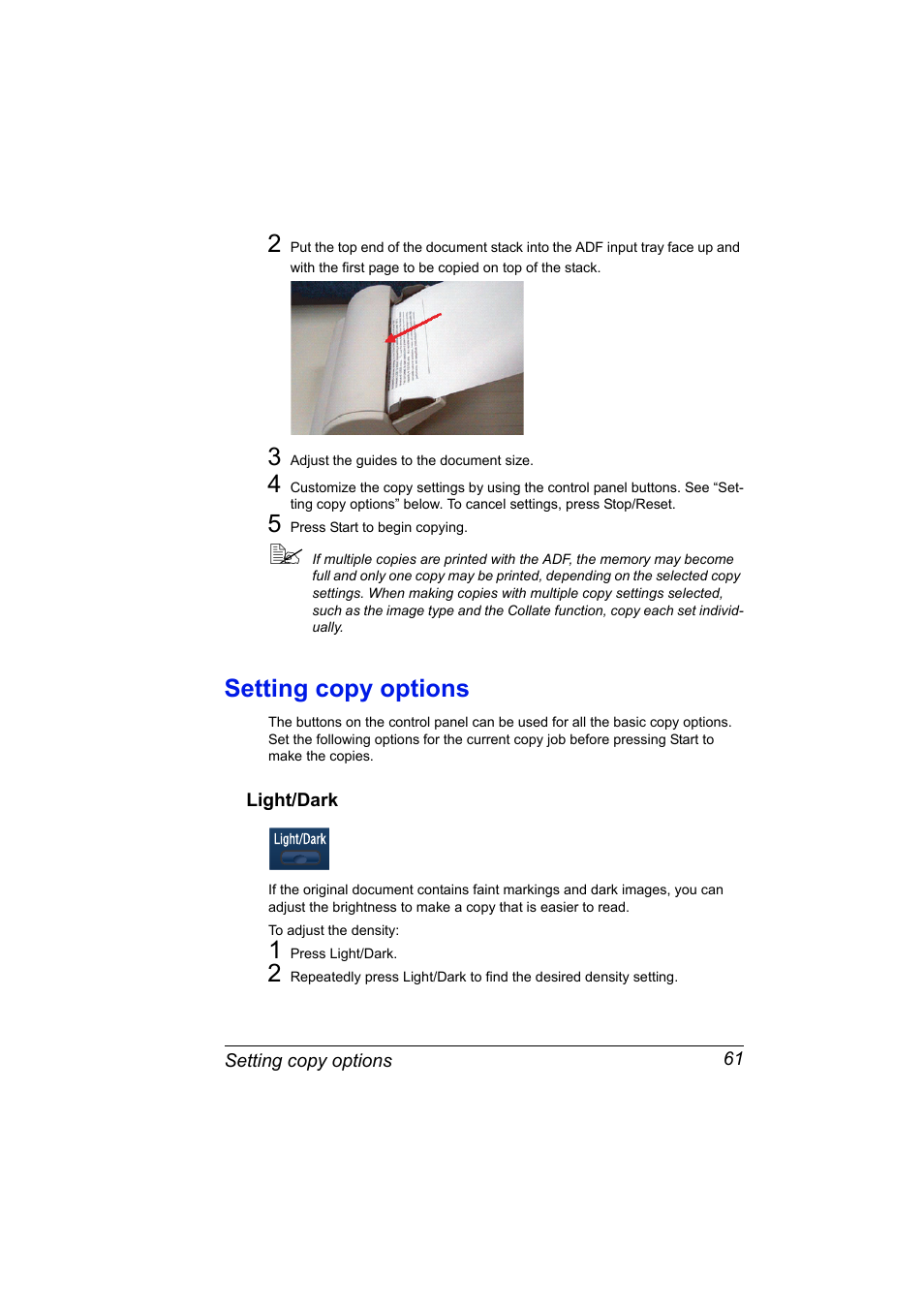 Setting copy options, Light/dark, Setting copy options 61 | Light/dark 61 | Konica Minolta PagePro 1380 MF User Manual | Page 59 / 104