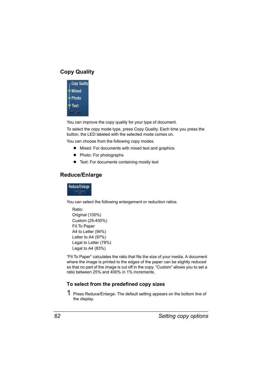 Copy quality, Reduce/enlarge, To select from the predefined copy sizes | Copy quality 62 reduce/enlarge 62, To select from the predefined copy sizes 62 | Konica Minolta PagePro 1380 MF User Manual | Page 60 / 104