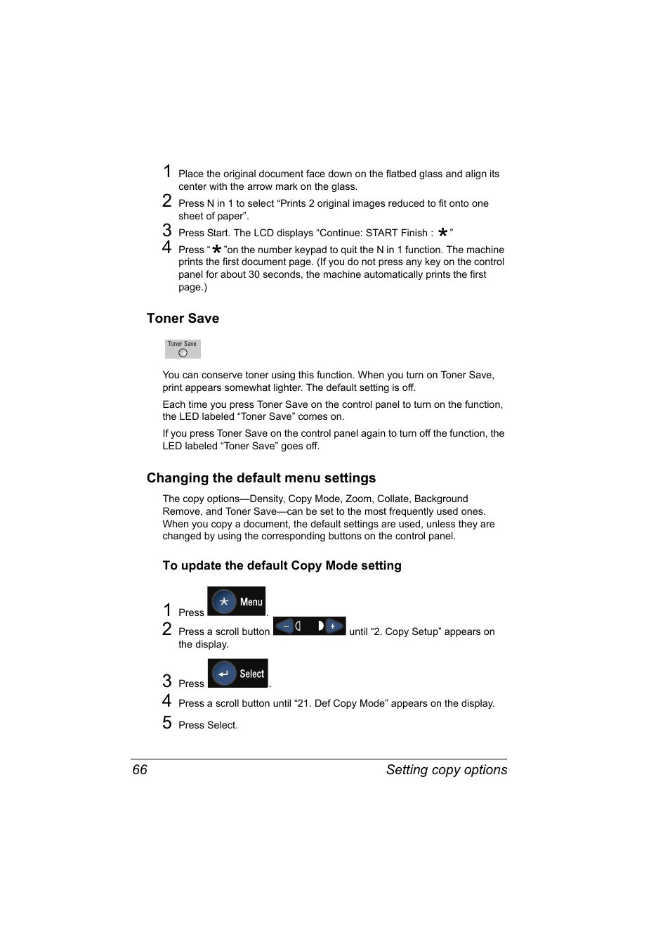 Toner save, Changing the default menu settings, To update the default copy mode setting | To update the default copy mode setting 66 | Konica Minolta PagePro 1380 MF User Manual | Page 64 / 104