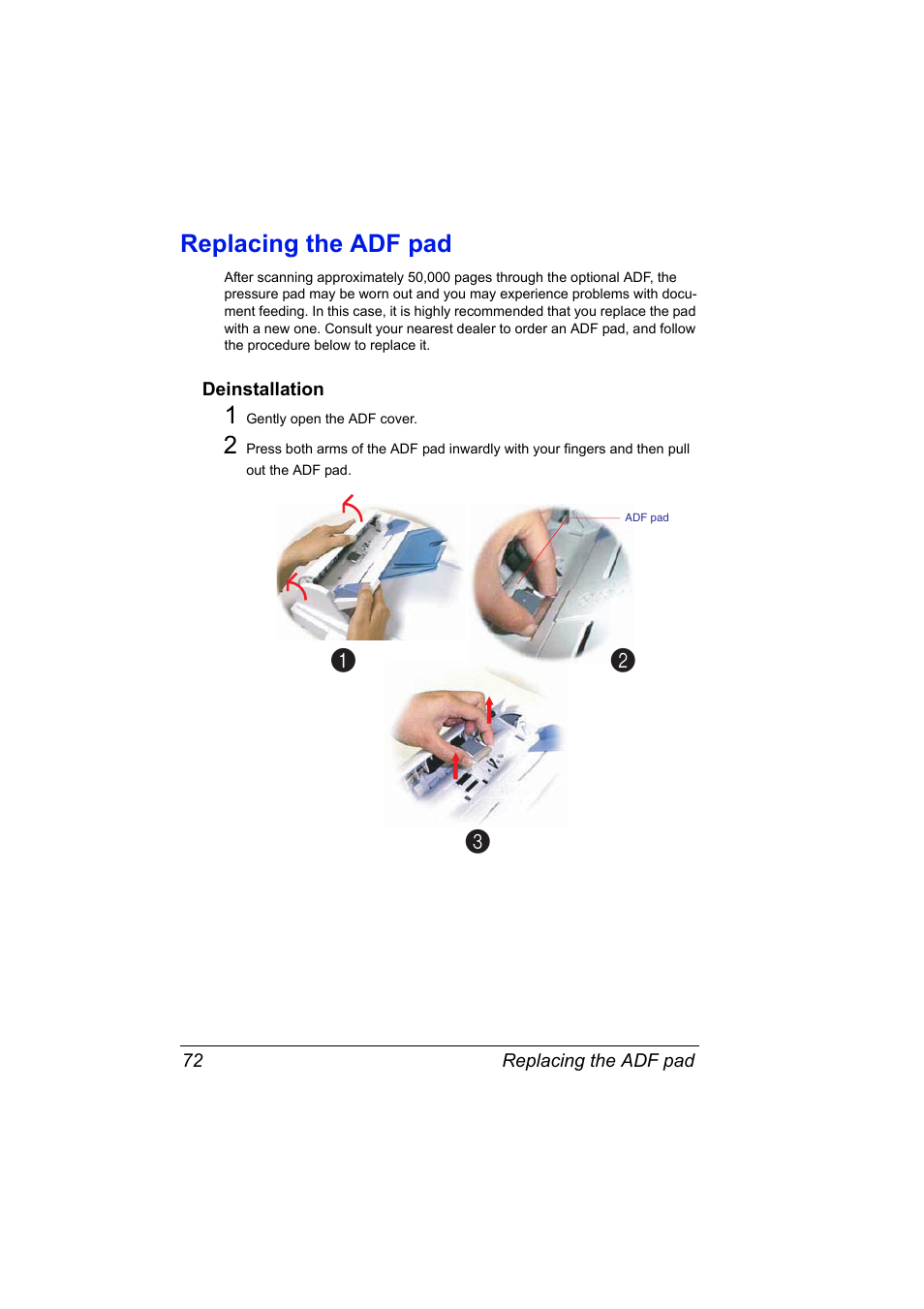 Replacing the adf pad, Deinstallation, Replacing the adf pad 72 | Deinstallation 72 | Konica Minolta PagePro 1380 MF User Manual | Page 70 / 104