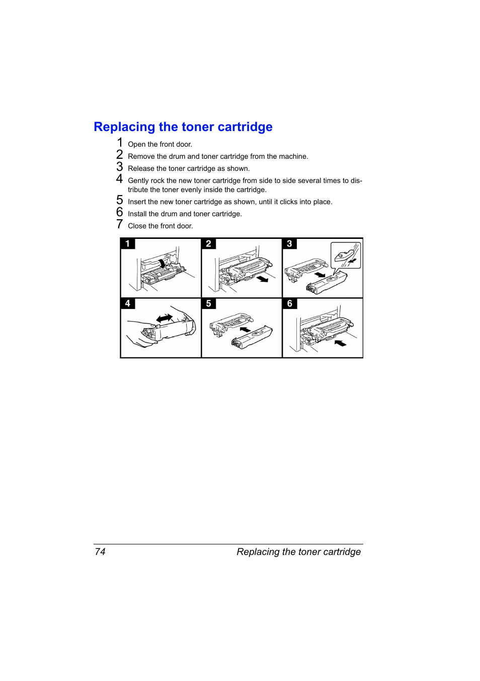 Replacing the toner cartridge, Replacing the toner cartridge 74, Replacing the toner cartridge 1 | Konica Minolta PagePro 1380 MF User Manual | Page 72 / 104