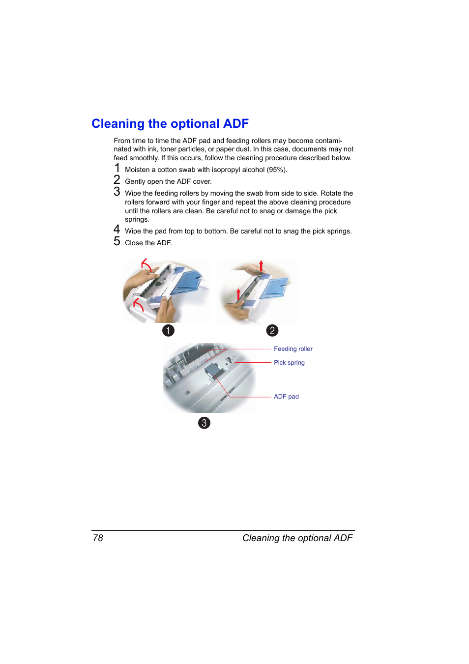 Cleaning the optional adf, Cleaning the optional adf 78 | Konica Minolta PagePro 1380 MF User Manual | Page 76 / 104