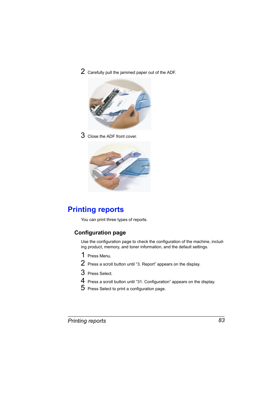 Printing reports, Printing reports 83 | Konica Minolta PagePro 1380 MF User Manual | Page 81 / 104