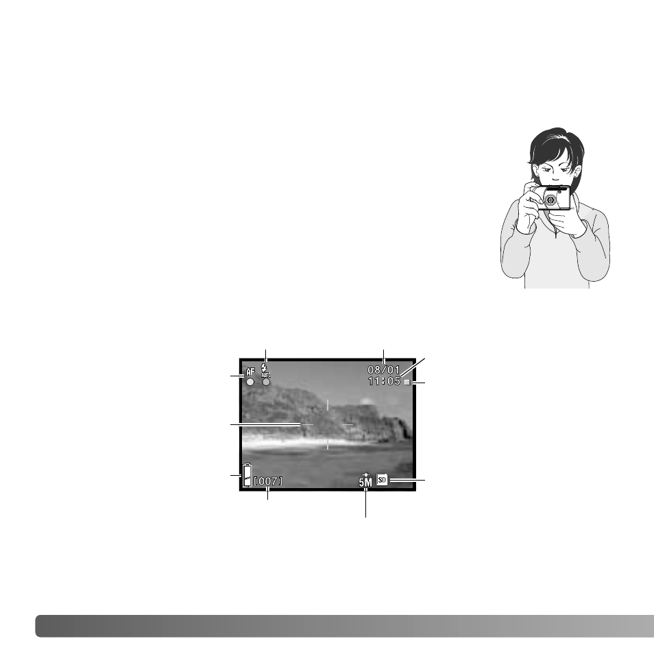 Recording mode - basic operation, Handling the camera, Lcd monitor display | Konica Minolta DiMAGE G530 User Manual | Page 22 / 104