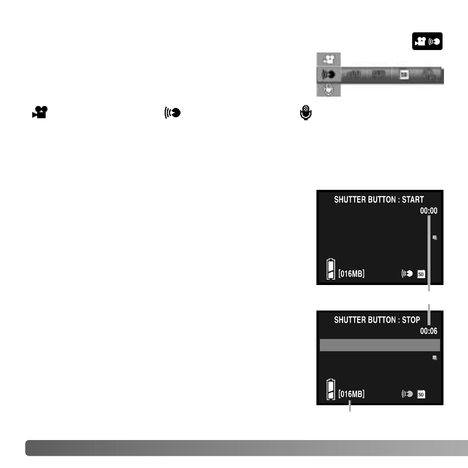 Movie/audio recording mode, Audio recording | Konica Minolta DiMAGE G530 User Manual | Page 44 / 104