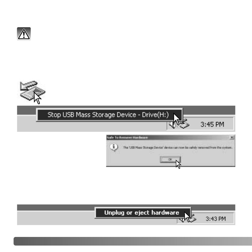 Disconnecting the camera from a computer, Windows me, 2000 professional, and xp, Windows 98 / 98 second edition | Konica Minolta DiMAGE G530 User Manual | Page 90 / 104