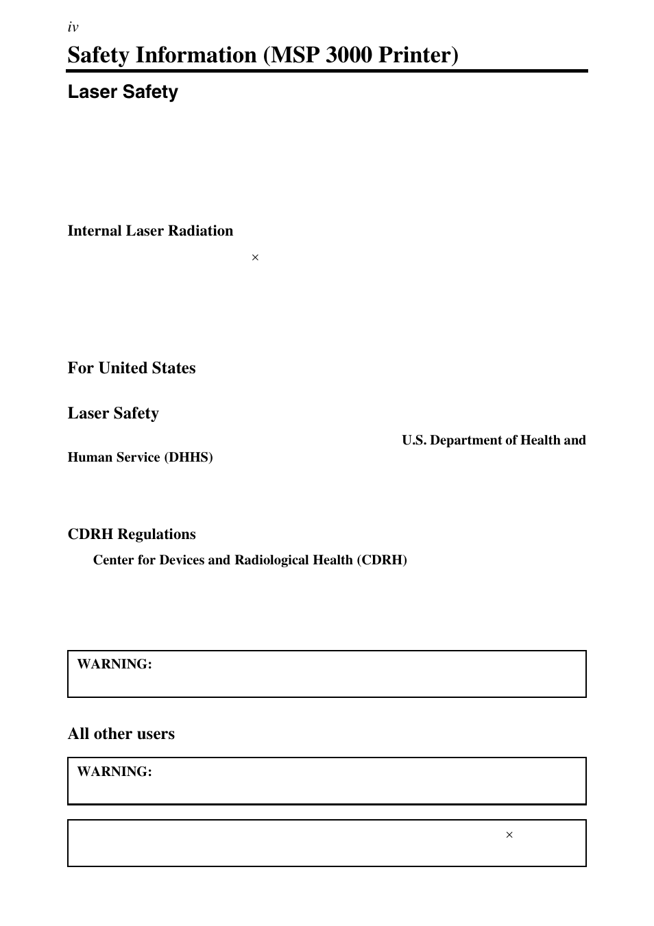 Safety information (msp 3000 printer), Laser safety | Konica Minolta MS6000 MKII User Manual | Page 13 / 102