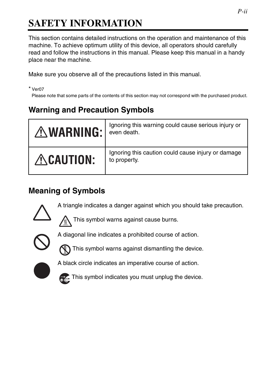 Safety information, Warning and precaution symbols meaning of symbols | Konica Minolta MS6000 MKII User Manual | Page 4 / 102