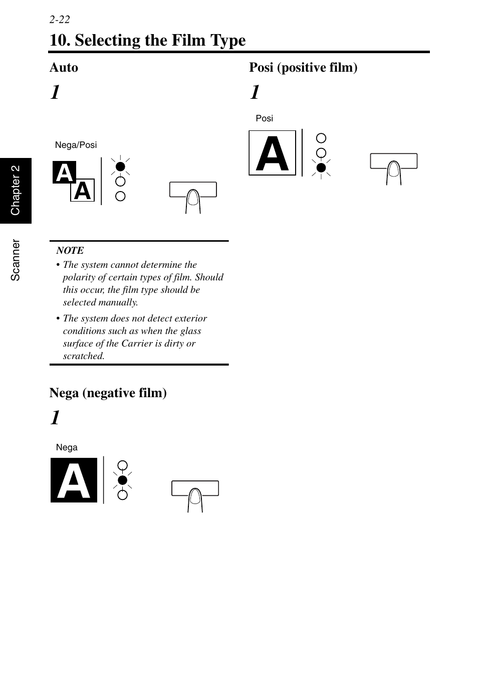 Selecting the film type, Auto, Nega (negative film) | Posi (positive film), Selecting the film type -22 | Konica Minolta MS6000 MKII User Manual | Page 51 / 102