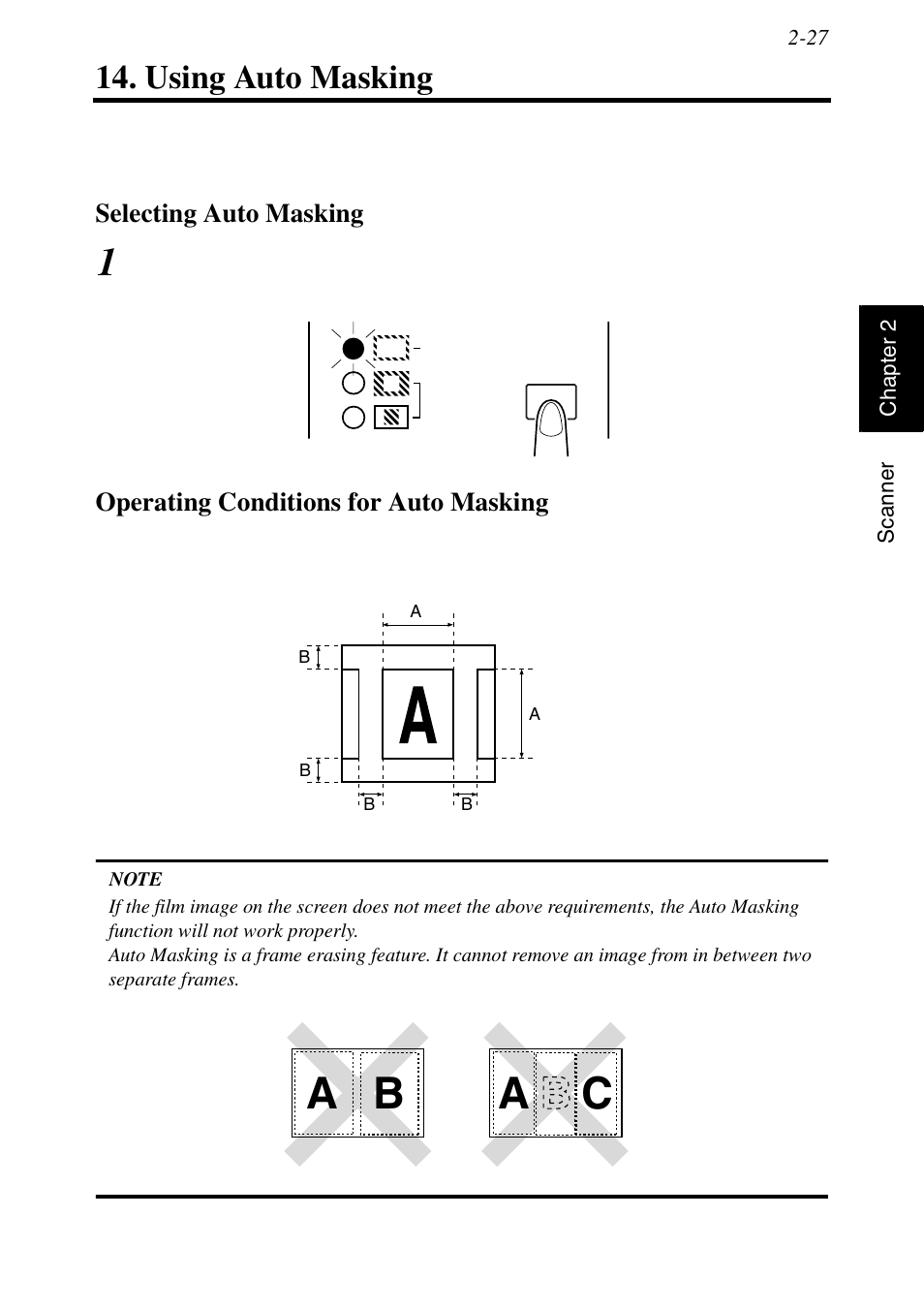 Using auto masking, Selecting auto masking, Operating conditions for auto masking | Using auto masking -27, A b a c, Masking | Konica Minolta MS6000 MKII User Manual | Page 56 / 102
