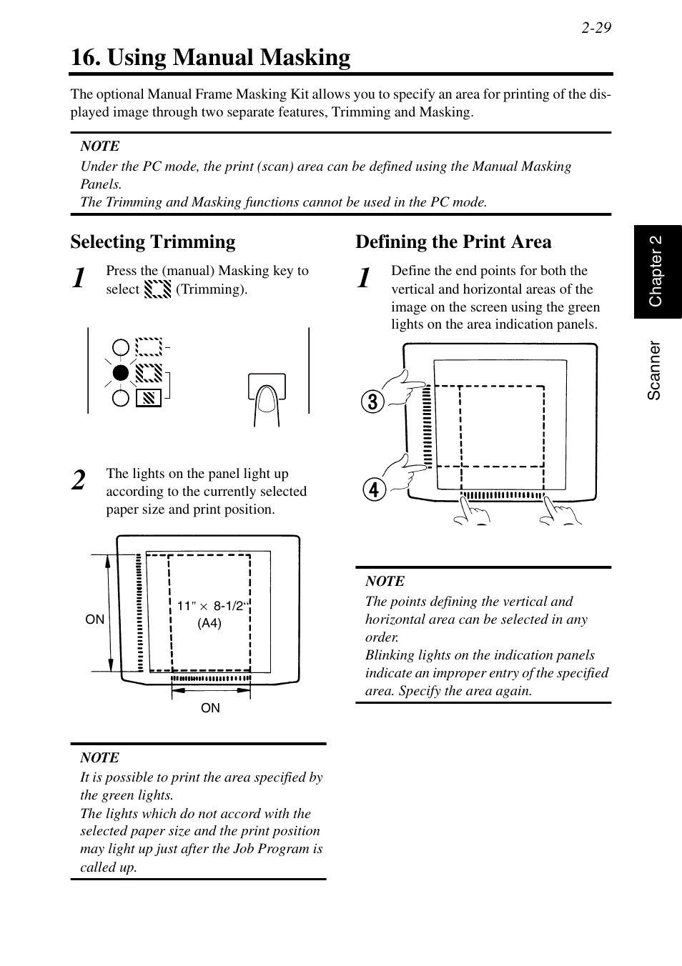 Using manual masking, Selecting trimming, Defining the print area | Using manual masking -29, Selecting trimming -29 defining the print area -29, Masking | Konica Minolta MS6000 MKII User Manual | Page 58 / 102
