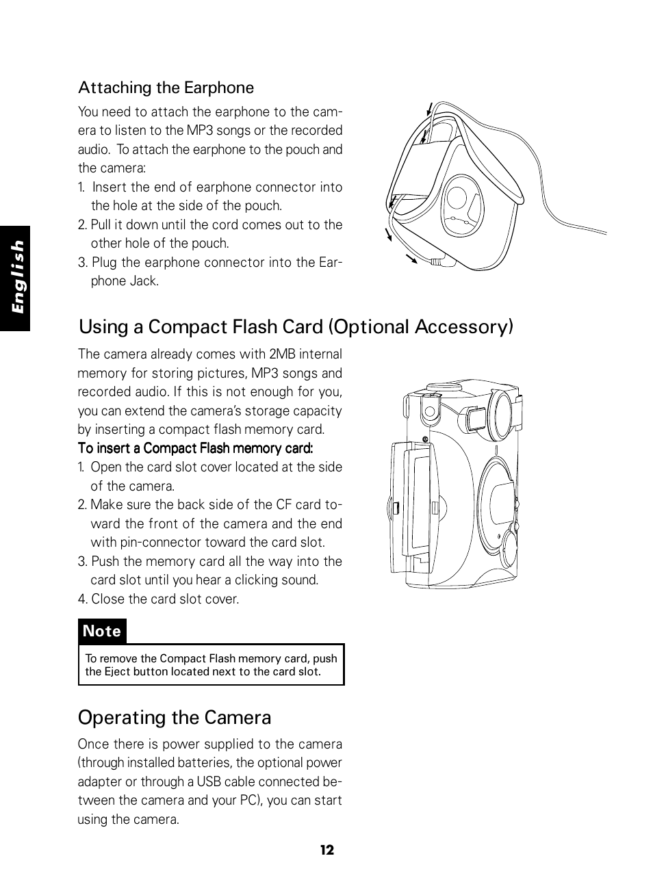 Operating the camera, Using a compact flash card (optional accessory) | Konica Minolta E-Mini-Multi-Media Camera User Manual | Page 13 / 29
