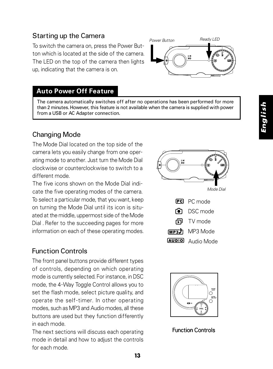 Changing mode, Function controls, Starting up the camera | Konica Minolta E-Mini-Multi-Media Camera User Manual | Page 14 / 29