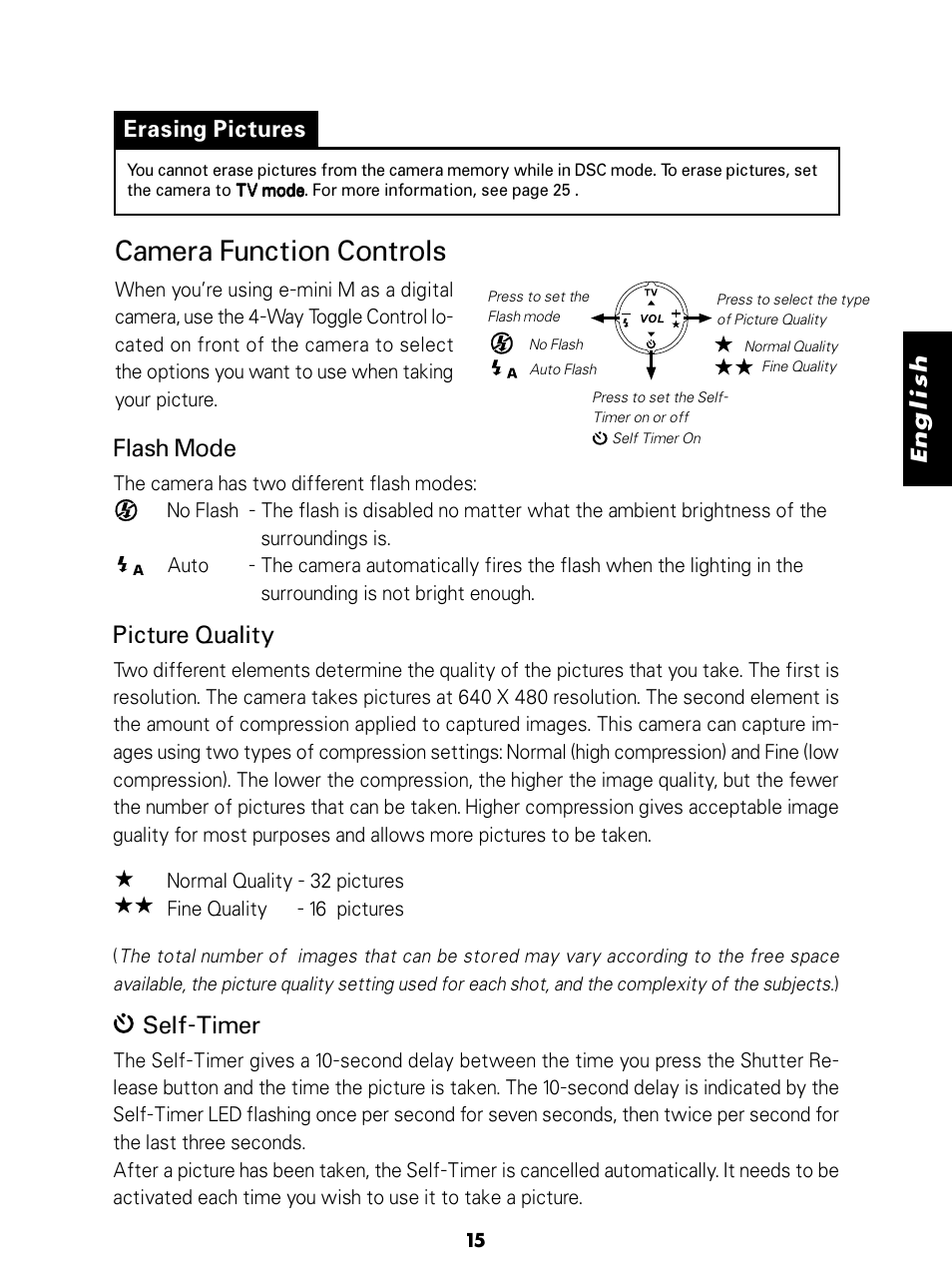 Camera function controls, Flash mode, Picture quality | Self-timer, English, Erasing pictures | Konica Minolta E-Mini-Multi-Media Camera User Manual | Page 16 / 29
