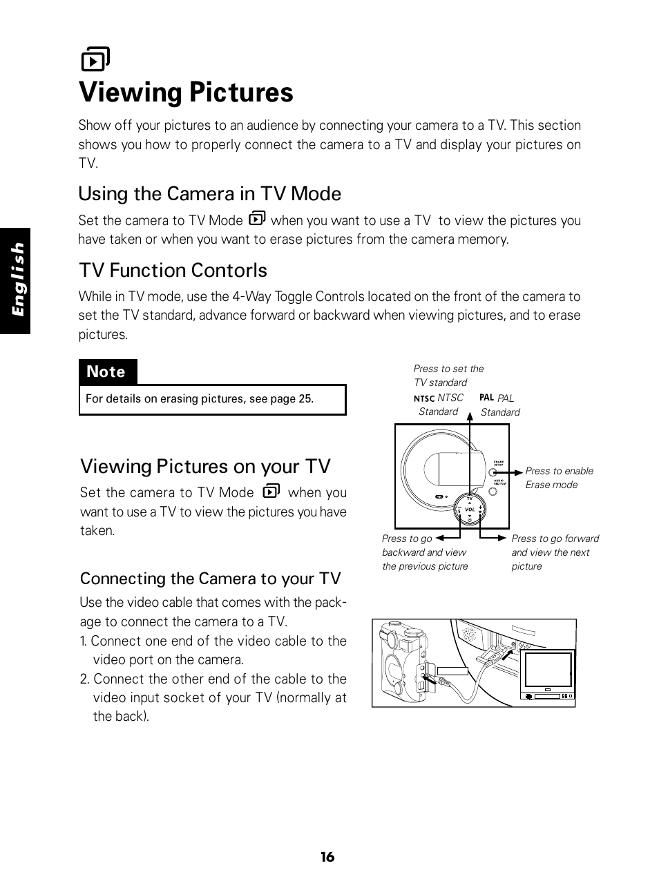 Viewing pictures, Using the camera in tv mode, Tv function contorls | Viewing pictures on your tv, Connecting the camera to your tv, English | Konica Minolta E-Mini-Multi-Media Camera User Manual | Page 17 / 29