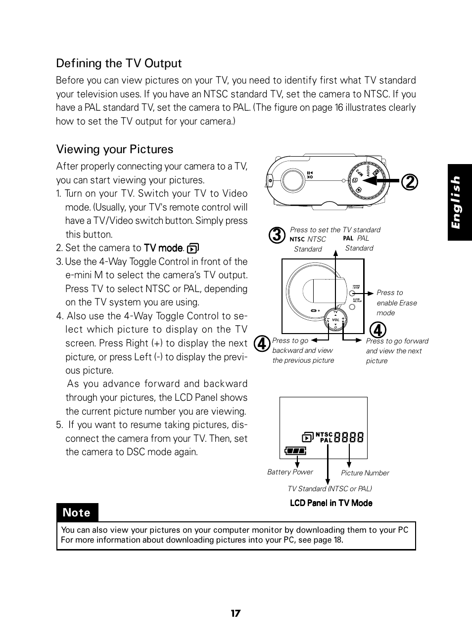 Defining the tv output, Viewing your pictures | Konica Minolta E-Mini-Multi-Media Camera User Manual | Page 18 / 29