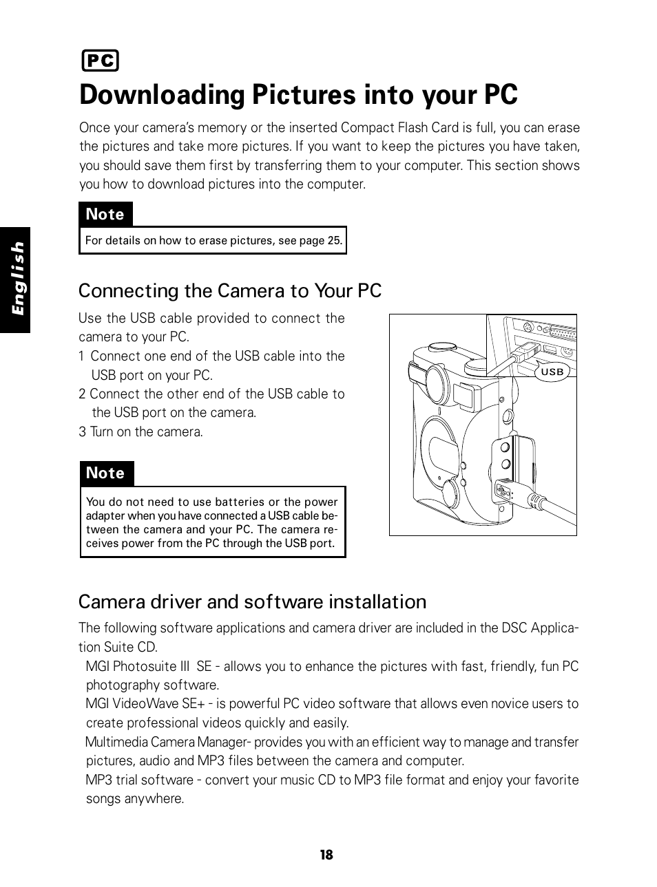 Downloading pictures into your pc, Connecting the camera to your pc, Camera driver and software installation | Konica Minolta E-Mini-Multi-Media Camera User Manual | Page 19 / 29