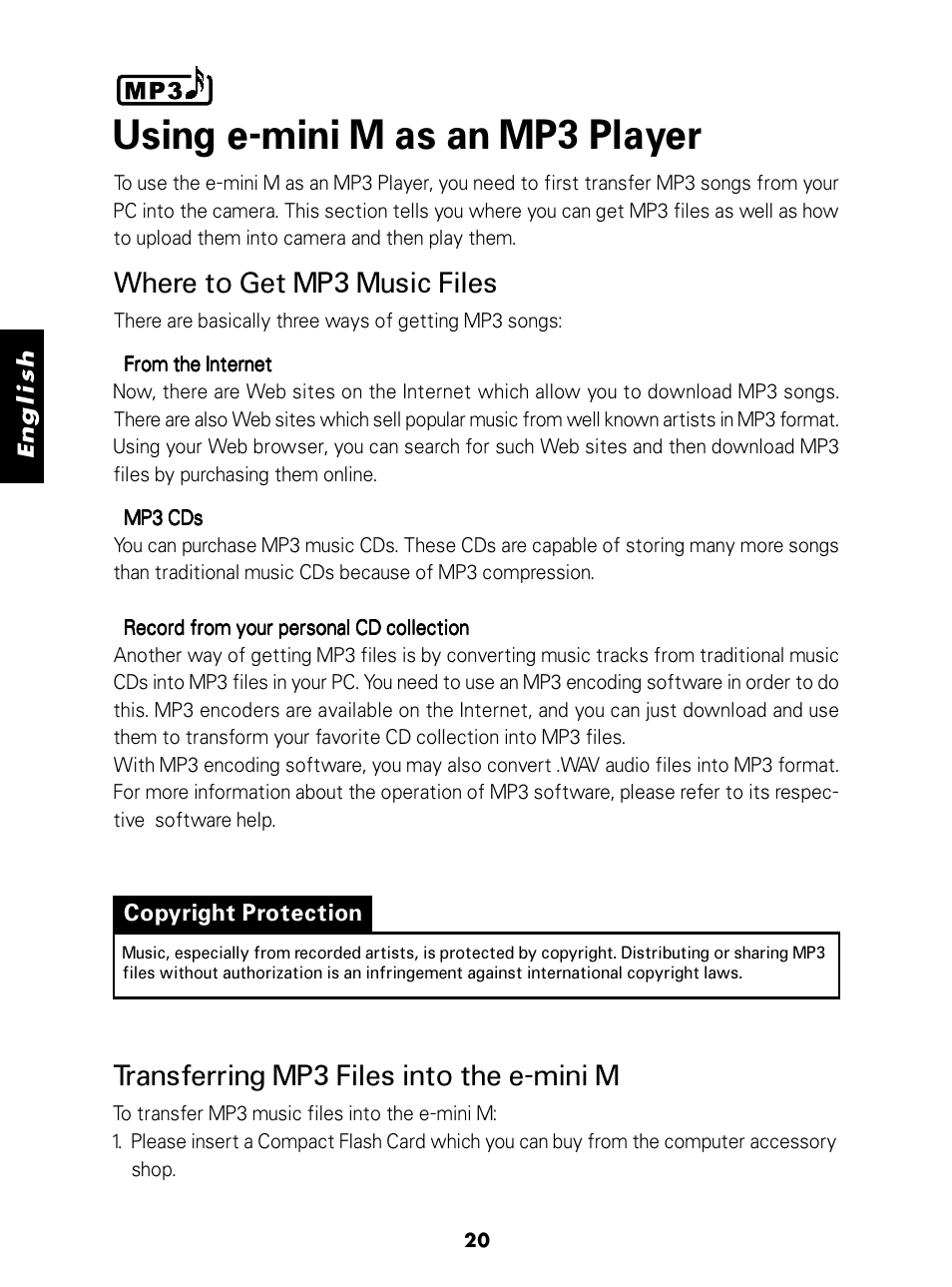 Using e-mini m as an mp3 player, Where to get mp3 music files, Transferring mp3 files into the e-mini m | Konica Minolta E-Mini-Multi-Media Camera User Manual | Page 21 / 29