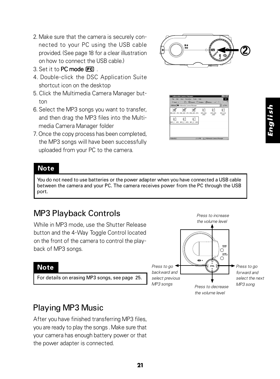Mp3 playback controls, Playing mp3 music | Konica Minolta E-Mini-Multi-Media Camera User Manual | Page 22 / 29