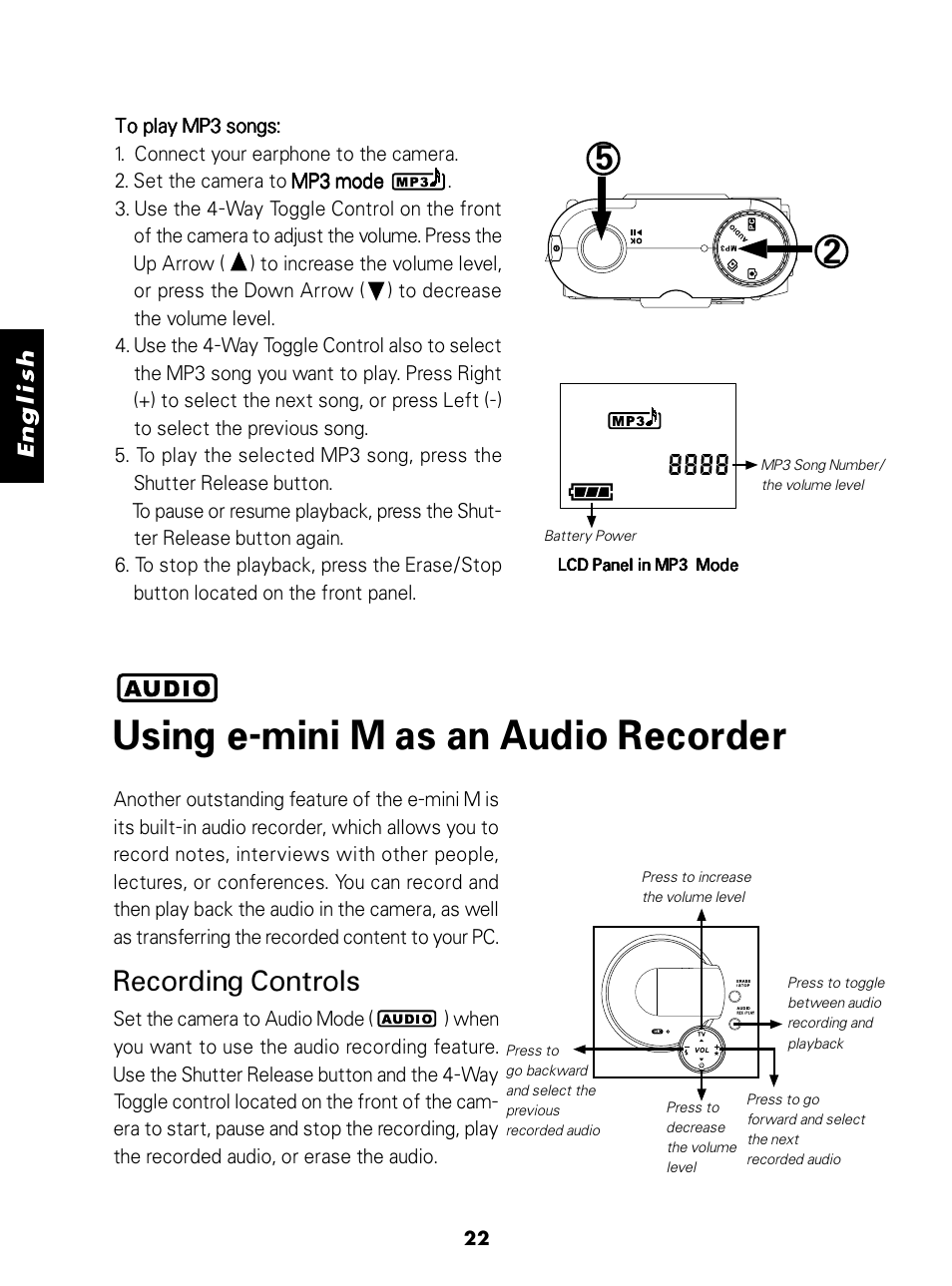 Using e-mini m as an audio recorder, Recording controls | Konica Minolta E-Mini-Multi-Media Camera User Manual | Page 23 / 29