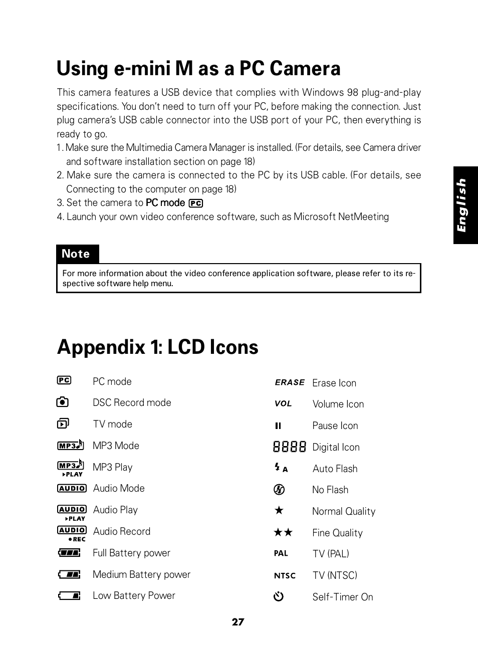 Using e-mini m as a pc camera, Appendix 1: lcd icons | Konica Minolta E-Mini-Multi-Media Camera User Manual | Page 28 / 29