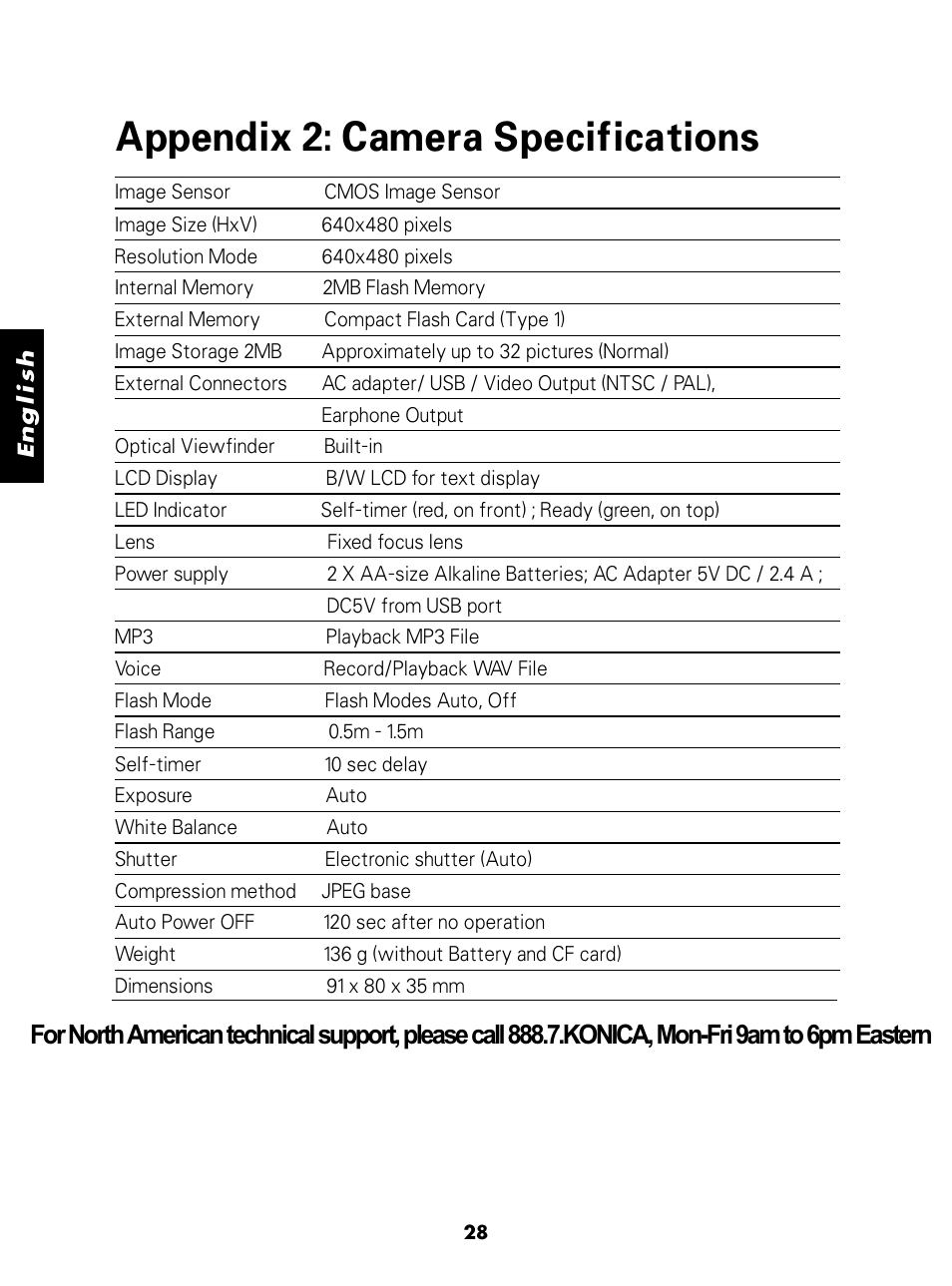 Appendix 2: camera specifications | Konica Minolta E-Mini-Multi-Media Camera User Manual | Page 29 / 29