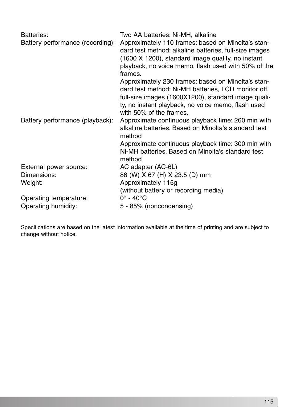 Konica Minolta Dimage X20 User Manual | Page 115 / 116