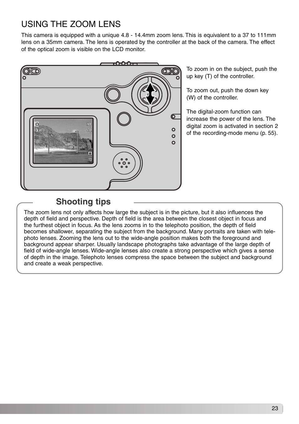 Using the zoom lens, Shooting tips | Konica Minolta Dimage X20 User Manual | Page 23 / 116