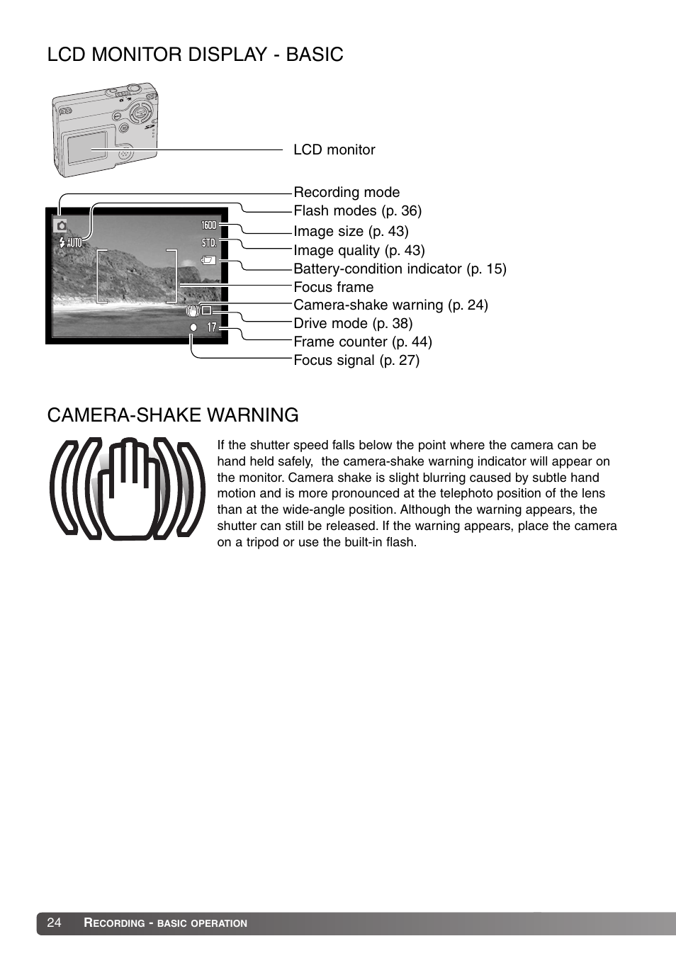 Lcd monitor display - basic camera-shake warning, Lcd monitor display - basic, Camera-shake warning | Konica Minolta Dimage X20 User Manual | Page 24 / 116