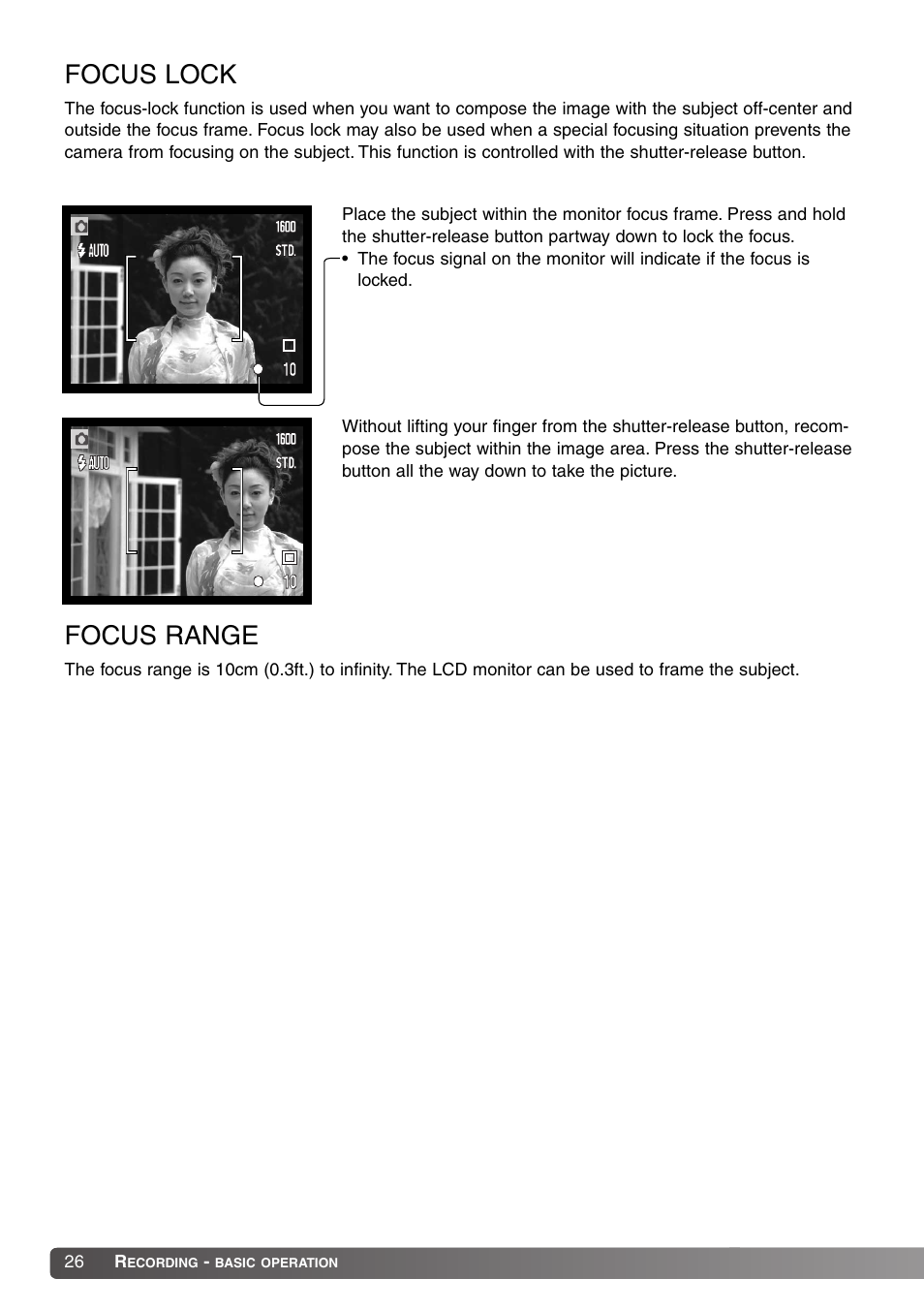 Focus lock focus range, Focus lock, Focus range | Konica Minolta Dimage X20 User Manual | Page 26 / 116