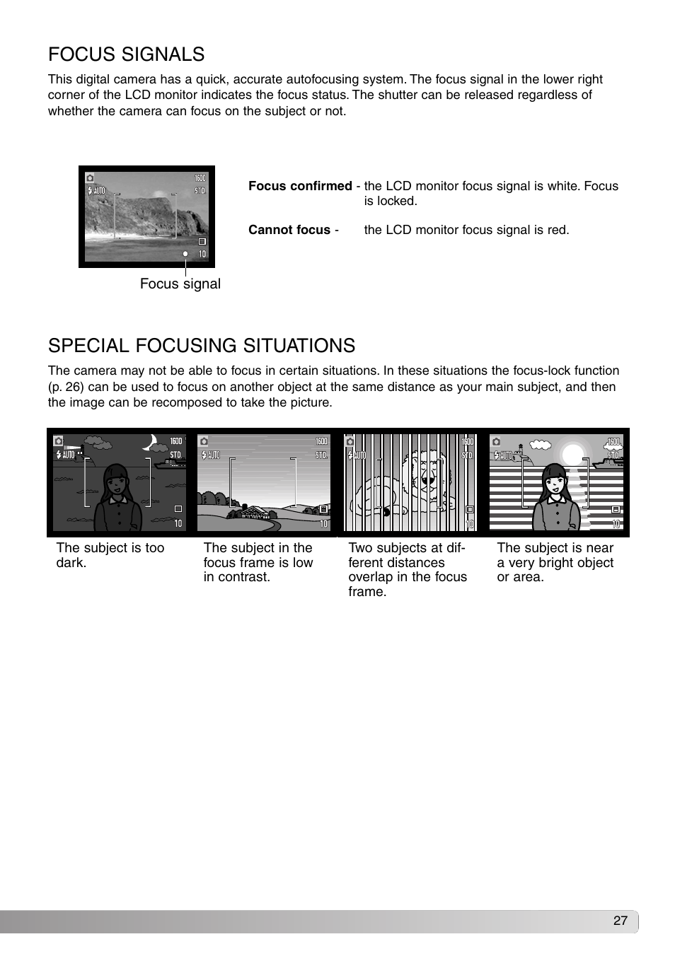 Focus signals special focusing situations | Konica Minolta Dimage X20 User Manual | Page 27 / 116