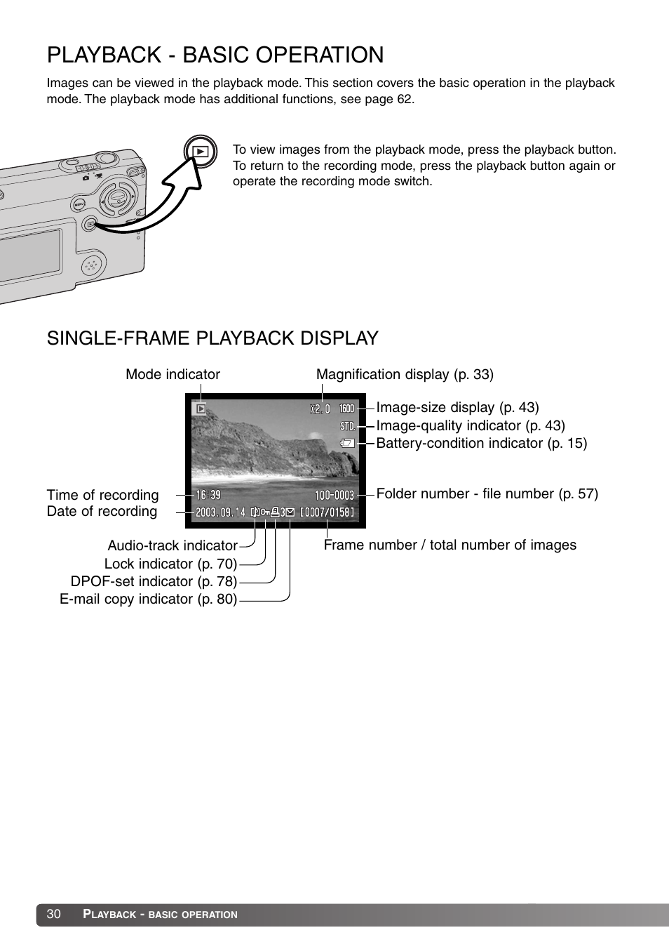 Playback - basic operation, Single-frame playback display | Konica Minolta Dimage X20 User Manual | Page 30 / 116