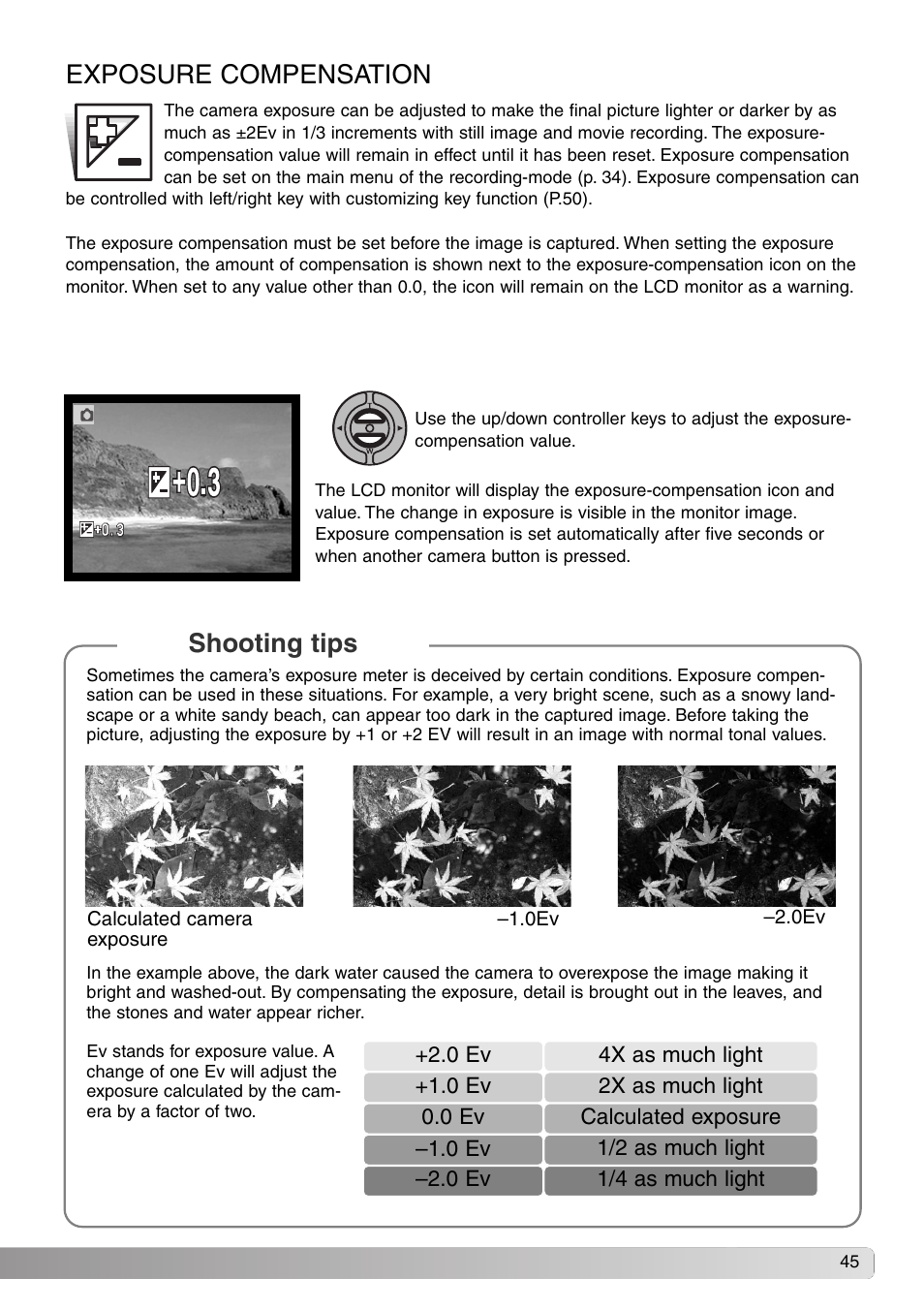 Exposure compensation, Shooting tips | Konica Minolta Dimage X20 User Manual | Page 45 / 116