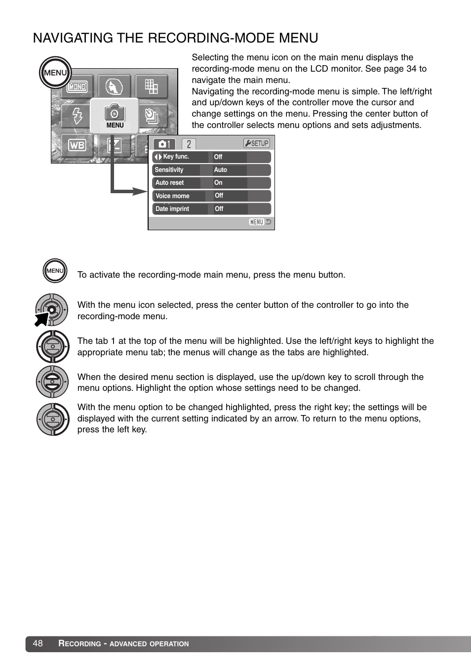 Navigating the recording-mode menu | Konica Minolta Dimage X20 User Manual | Page 48 / 116