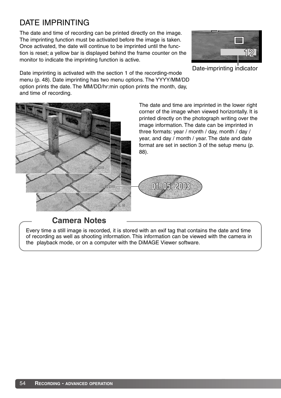 Date imprinting | Konica Minolta Dimage X20 User Manual | Page 54 / 116