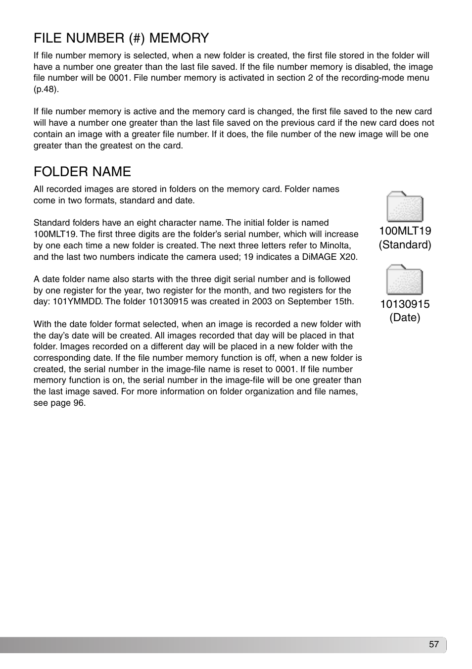 File number (#) memory folder name | Konica Minolta Dimage X20 User Manual | Page 57 / 116